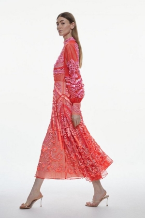 Vestido Karen Millen Ombre Sequin And Embroidered Maxi Mujer Rosas | JQV948021