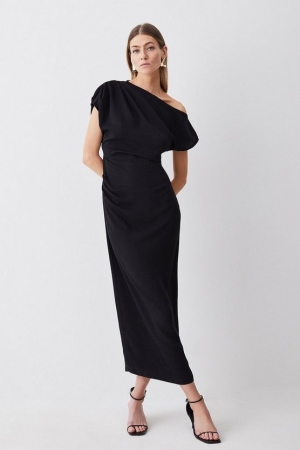 Vestido Karen Millen Soft Tailored Drop Shoulder Ruched Pencil Midi Mujer Negros | BLZ685470
