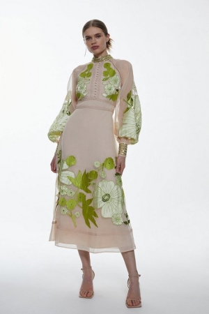 Vestido Karen Millen Altos Applique Organdie Woven Midi Mujer Verdes | TEQ195063