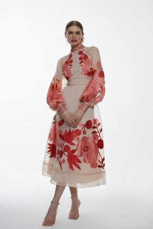 Vestido Karen Millen Altos Applique Organdie Woven Midi Mujer Rosas | VFP916724